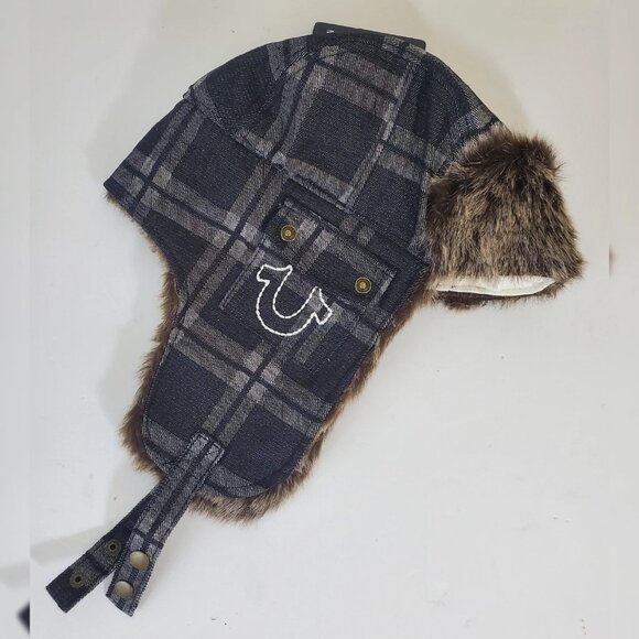 TRUE RELIGION DENIM FAUX FUR TRAPPER AVIATOR HAT STITCHED HORSESHOE LOGO POCKET - Picture 4 of 6